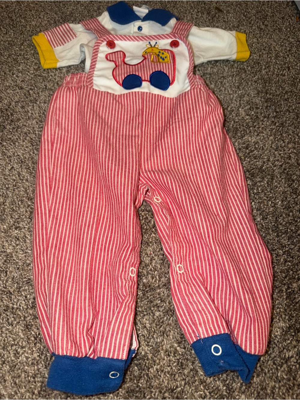Vintage Donmoor Train Red Stripped Yellow Blue Giraffe Overalls Size 18 months